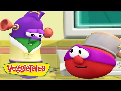 Two VeggieTales characters converse in a bright kitchen, with a computer screen in the background.