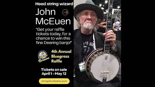 String Wizard John McEuen, with the prize Deering banjo for the Strings for Dreams Bluegrass Raffle!
