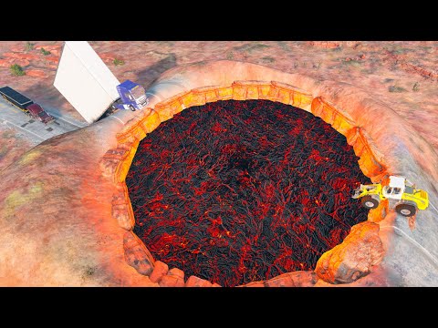 Cars vs Giant Lava Pit from Volcano NS3- Crane Truck Car Rescue Pick-up in the Crater - BeamNG OMDs