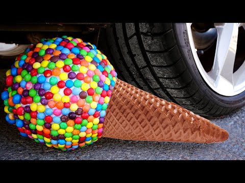 Experiment Car vs M&Ms BALL Crushing Crunchy & Soft Things by Car!