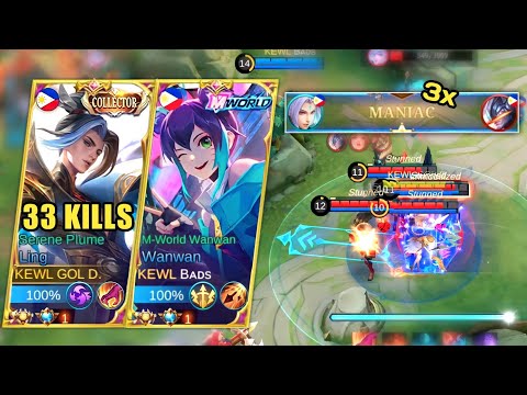 33 KILLS + 3X MANIAC!! ~ Top Global Ling x Bads Gaming Wanwan (Mythical Glory Duo🔥) - MLBB
