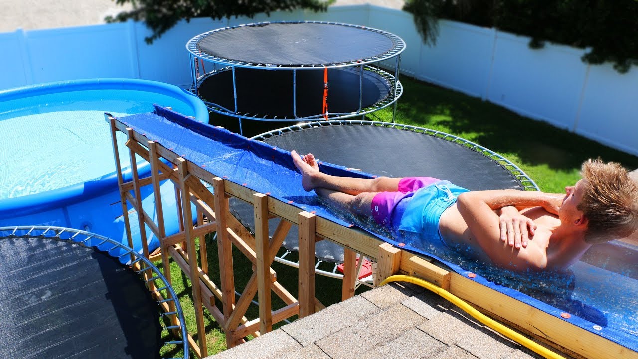 Giant Backyard Water Slide In Our Trampoline Water Park Giant