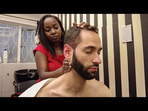 Barber Rita Loosen My Muscles after Beard Trim and Hair Wash [ASMR] - Nairobi 🇰🇪