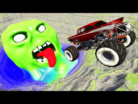Monster Trucks Jump Into Abyss With Green Monster - Beamng drive