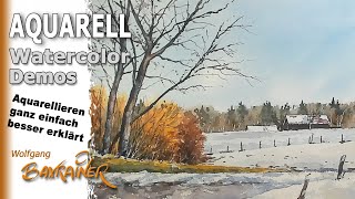 Aquarell-Winterlandschaft, Tricks für kahle Bäume