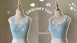 [Eng Sub]☁️˚୨୧⋆ ｡˚ Crochet Top Tutorial|☁️Beginner Friendly☁️Móc áo hai dây đan nơ đáng yêu đơn giản