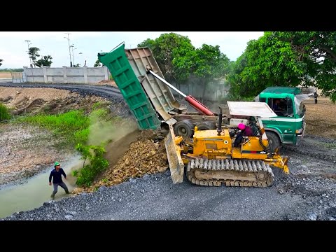 OMG!! New Project Pond Filling Up Truck May Lose Control Collapse Bulldozer KOMATSU Pushing Stone
