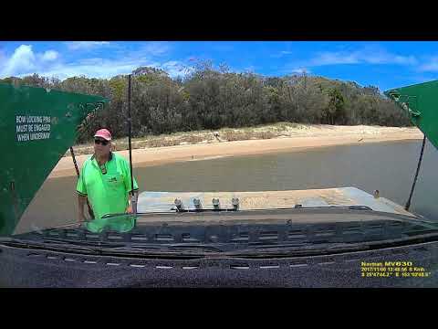 Fraser Island ferry. Taking the Jayco onto Fraser Island, Qld.