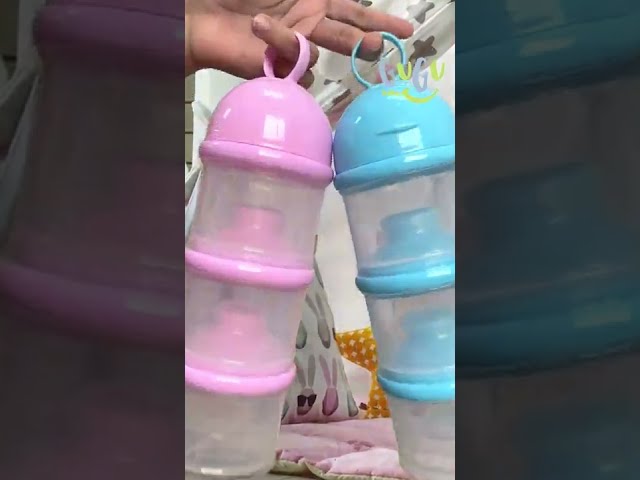 Vídeo relacionado con Dispensador de polvo para bebés, recipiente de viaje de fórmula en polvo - Dispensador de alimentación Caja de soporte de fórmula de 3 capas - Botella con mango de transporte, suministros para bebés,