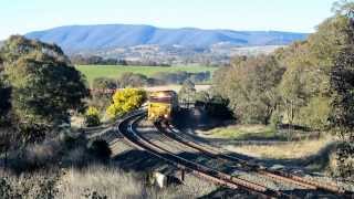 preview picture of video 'AN7/DL42/AN6 lead Pacific National's 8934 ore service up through Brewongle - 16 Aug 2013'