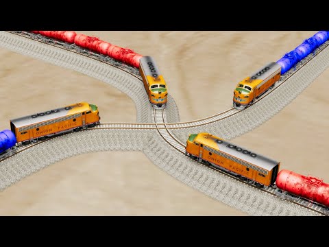 Impossible Multiple Overlapping Rail Tracks Crossover Vs Trains Crossing  - BeamNG.Drive