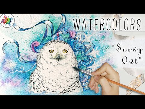 Snowy Owl Watercolor Painting | Zentangle inspired owl