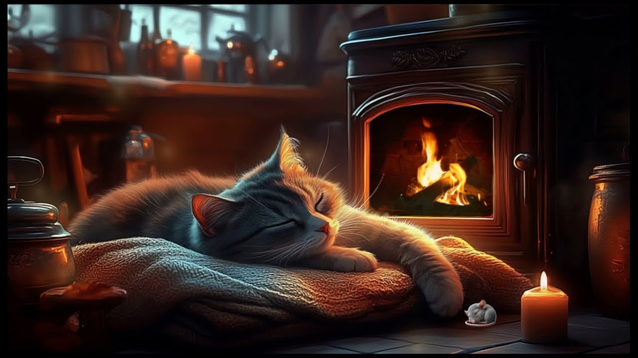 Fireplace Kitty w Friend Relax 4K