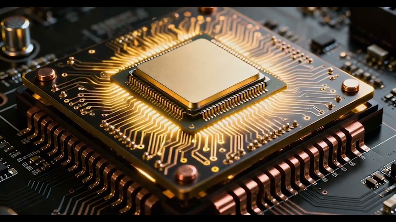 Golden AI Microchip Processor on Circuit Board with Glowing Electronic Connections