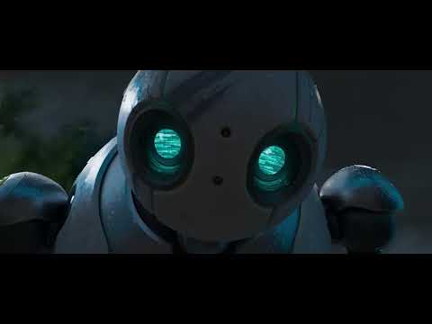 DreamWorks’ The Wild Robot trailer frame with Roz and Brightbill against a painted-forest sky