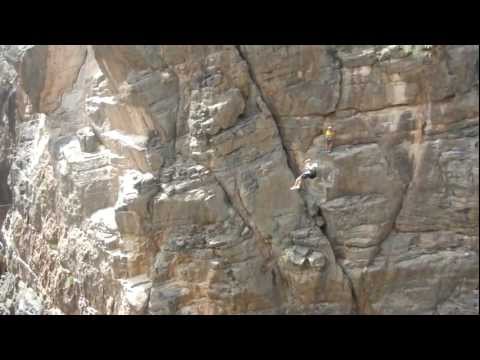 The first Zip line crossing the Gorge, Snake Gorge, Oman