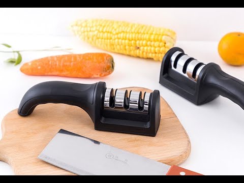 Точилка для ножей тройная с грубой/средней/мелкой шлифовкой Knife Sharpener черная (LB-68650) Video #1