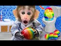 Baby monkey Bon Bon doctor play rainbow eggs with duckling | Animals Video