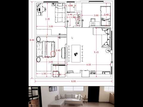 64 m2 house. House plan with 3 bedrooms, bathroom, living room, dining room, and kitchen. Build h...