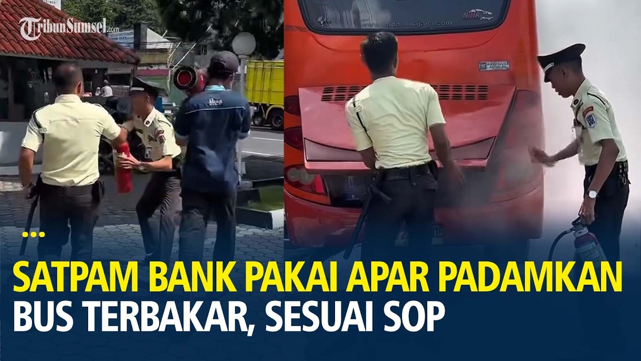 A bank security guard used a fire extinguisher to extinguish a burning bus, following standard op...