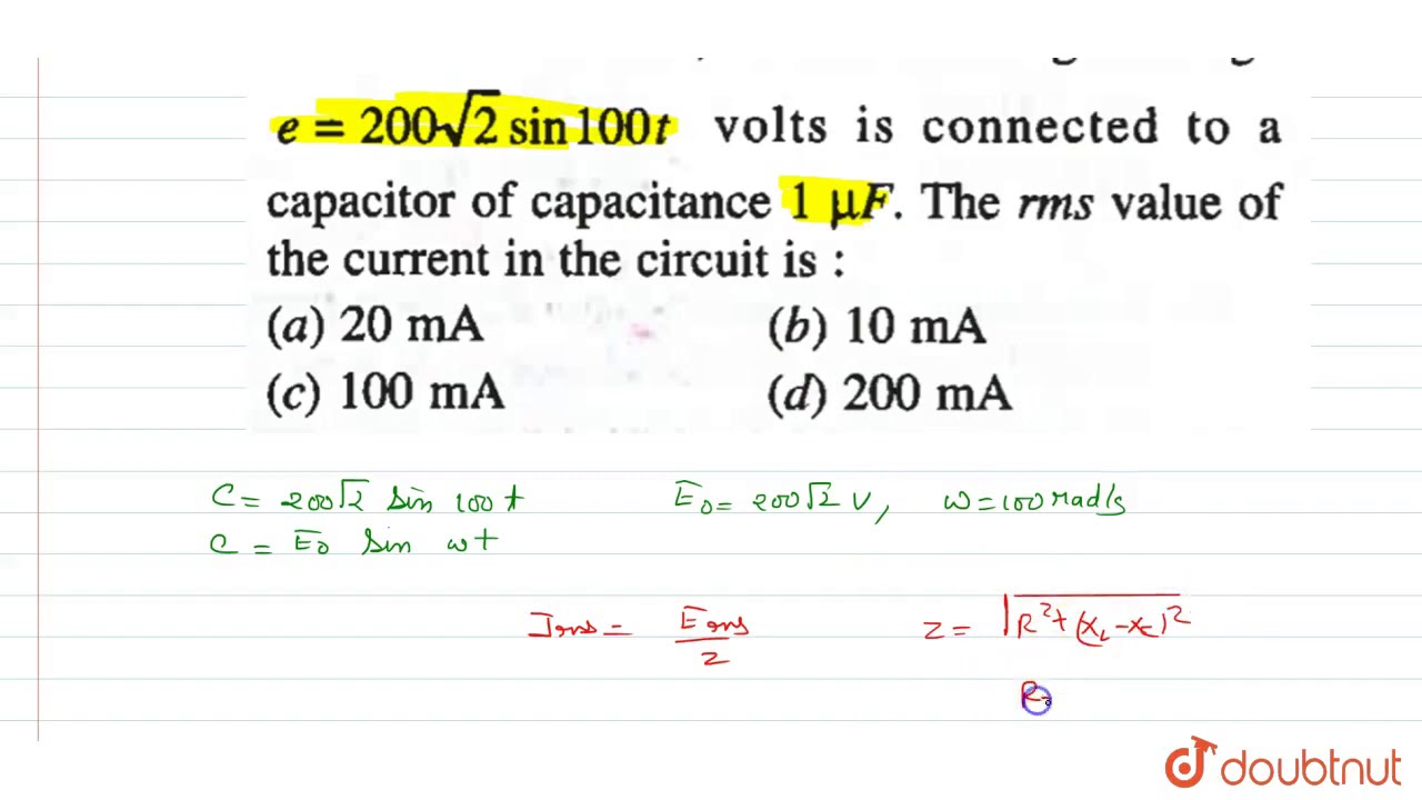 In an ac circuit , an alternating voltage `e = 200 sqrt2 sin 100 t` volts is connected to a