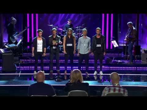 Jonathan, Erik, Adam, Alexander och Elina i gruppmomentet av Idols slutaudition - Idol Sverige (TV4)