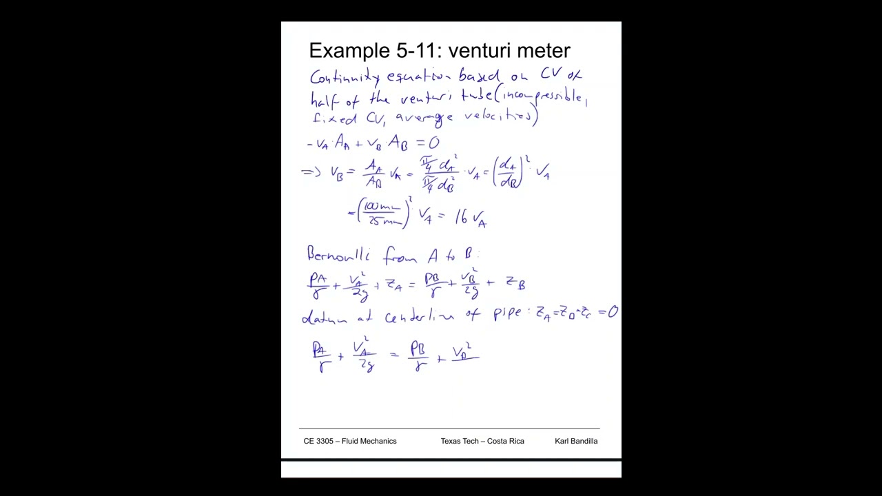Fluid Mechanics - venturi meter - Example 5-11