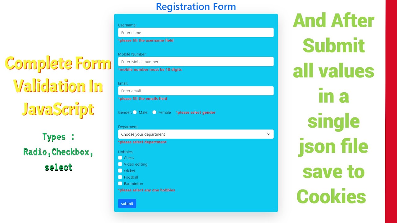 JavaScript Registration Form Validation Tutorial In Hindi using HTML And Bootstrap 5