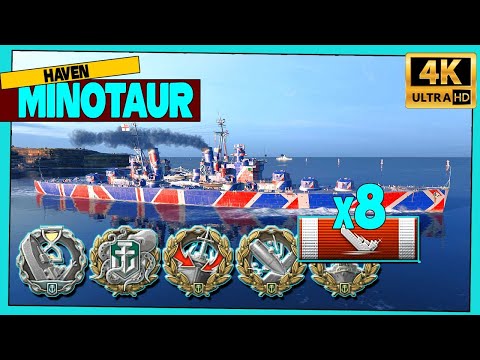 Cruiser Minotaur on map Haven, 8 ships destroyed - World of Warships