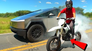 Worlds Most Powerful Electric Dirt Bike RACES Tesla Cyber Truck!! (+100MPH!)