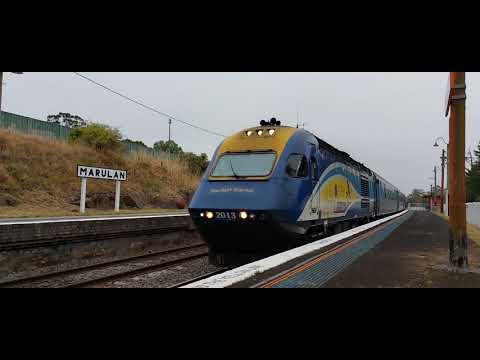 XPT (under a speed restriction) at Marulan station, NSW.