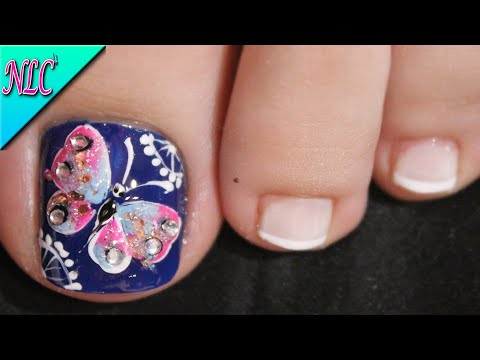 DISEÑO DE UÑAS PARA PIES MARIPOSA CON PIEDRITAS Y FRANCÉS – BUTTERFLY NAIL ART – FRENCH NAIL ART