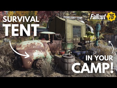 Immersive campsite CAMP with SURVIVAL TENT and blue vintage camper | Fallout 76 camp build tutorial
