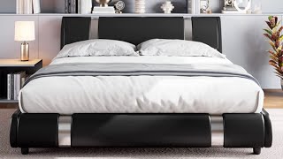 Modern Faux Leather Upholstered Platform Bed Frame with Metal Decoration Headboa