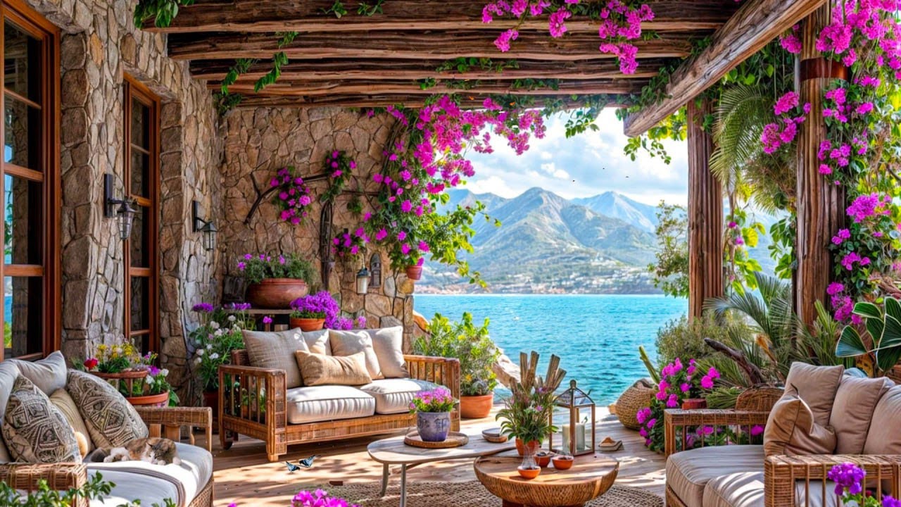 Cool Spring Morning 4K Relax on a Wooden Deck by the Sea with Calm Piano Music & Bird Sounds