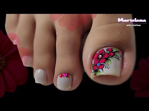 UÑAS De pies decoradas con flores FUCSIA/Mano ALZADA/#NailArt.
