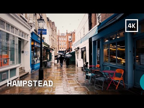 Rainy London Walking Tour in HAMPSTEAD ft. Ricky Gervais - Relaxing Binaural City Sounds in 4K