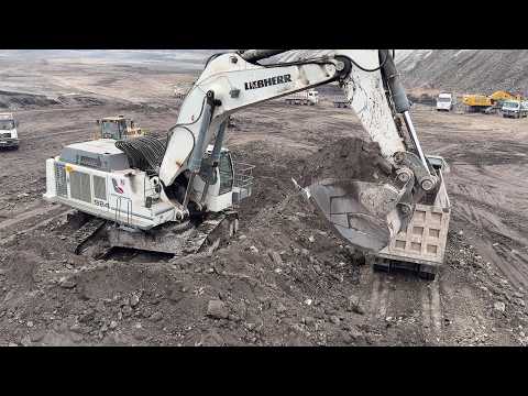 Liebherr 984 Excavator Loading Overburden On 4 Axle Trucks - Labrianidis Mining Works - 4k