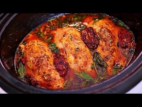 Slow Cooker Chicken in Creamy Garlic Parmesan sauce - Creamy Tuscan Chicken Recipe