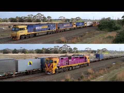 Vline N471 Photobombs 4PM4 Pacific National Steel Train (21/5/2023) - PoathTV Railways