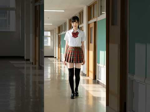 学校の廊下を歩く制服姿の女の子