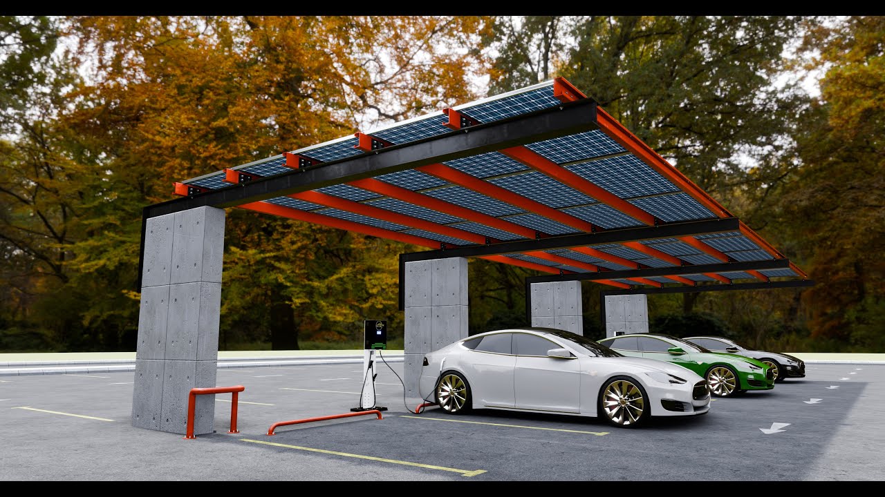 Concrete Column Solar Carport L Type for 6 Cars 3D Model