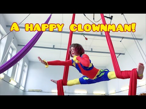 A happy clownman! Aerial gymnast on silks. Kira Aralova (9 years old).
