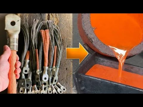 locomotive copper cable melt down - 5kg copper pour - asmr metal meting - melting copper big stack