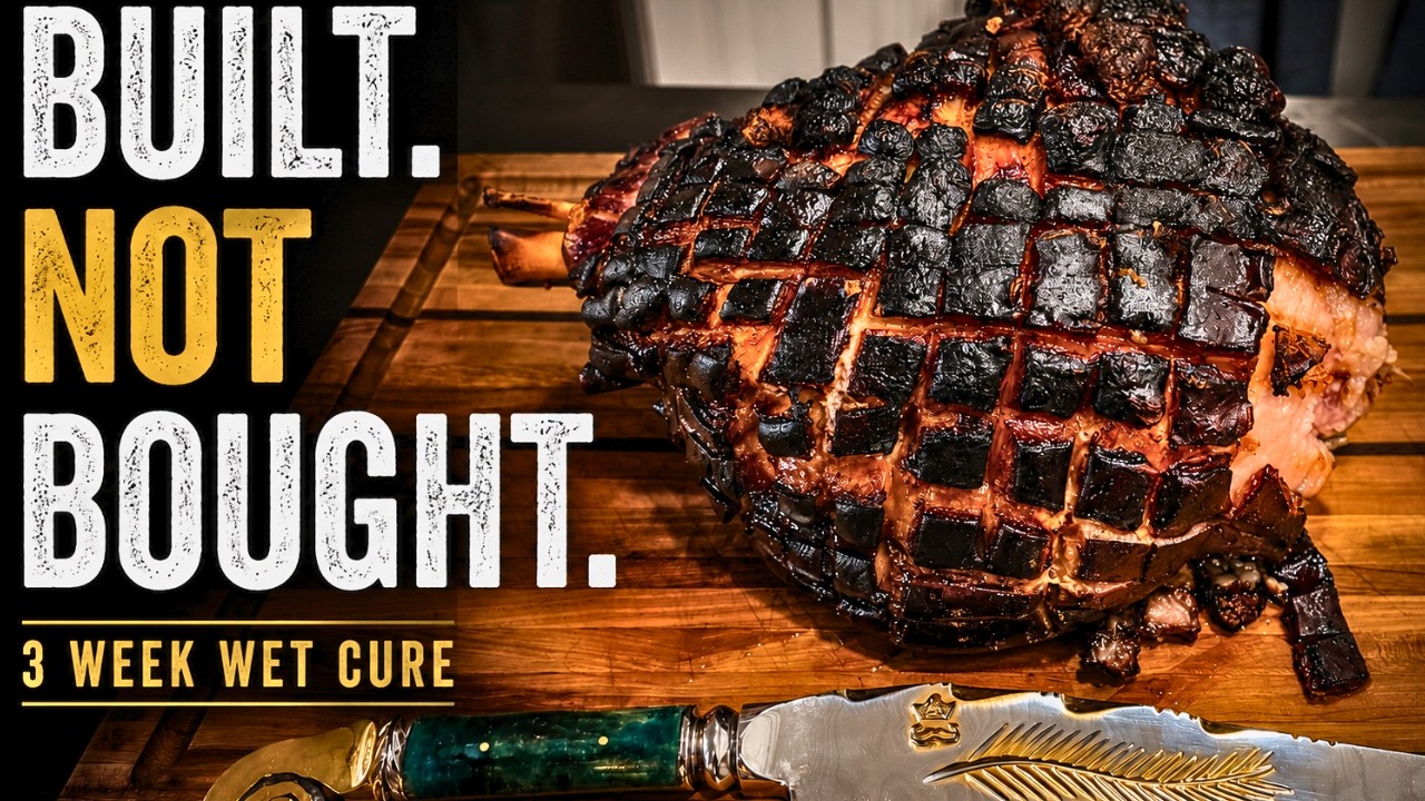 From-scratch cured and smoked ham, three-week wet cure with pink curing salt, cherry wood smoke, bourbon brown sugar glaze, by Executive Chef Mike Riddle of Own The Fire