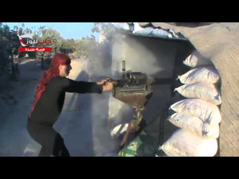 استهداف تحصينات قوات النظام في جبهة عزيزة في حلب بواسطة رشاش دوشكا من قبل كتيبة عمرو ابن الجموح