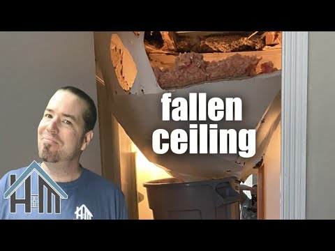 Part of a video titled How to fix the fallen ceiling, ceiling collapse, ceiling cave in and 
install ...