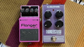 Video thumbnail for 7 effects from a flanger, 2 pedals compared. BOSS BF-2 vs TC Electronic Thunderstorm by Octoplod