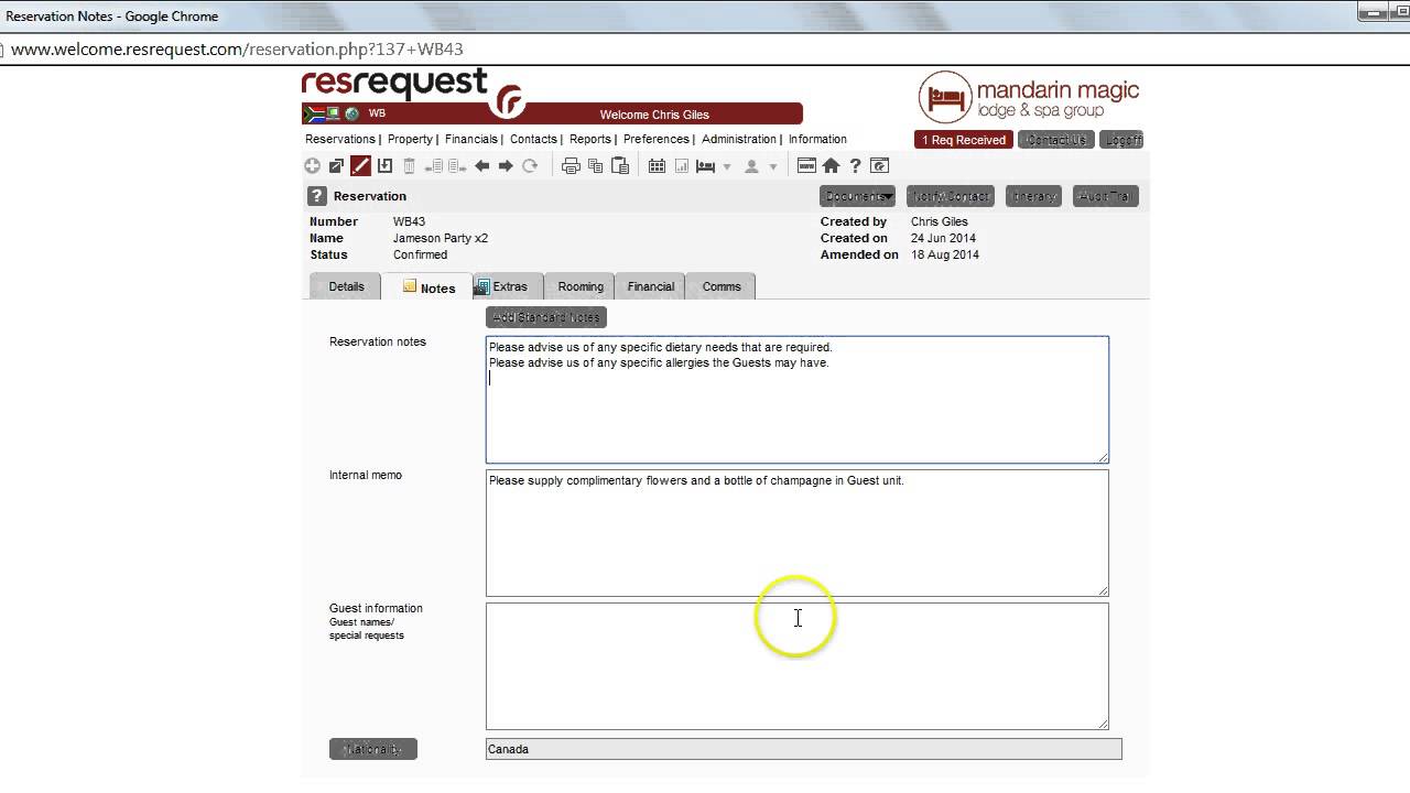 Editing a booking’s notes