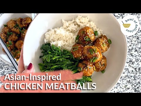 Asian Inspired Chicken Meatballs with garlic, ginger, and green onion, in soy sesame sauce.